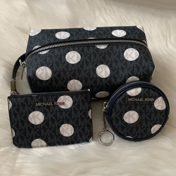 MICHAEL KORS Polka Dot Signature Travel Case, Card Wallet, Round Pouch SET of 3 - Picture 1 of 10